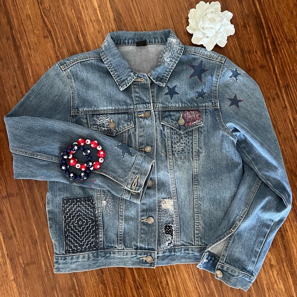 Tinseltown Embroidered Light Wash Denim Jacket with Sashiko